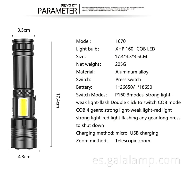 Linterna táctica LED LED de alta potencia XHP160 con carga USB